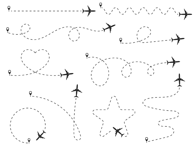 Path of the aircraft. Set of traces of the plane icons. Linear track of the passenger airplane. Vector illustration.