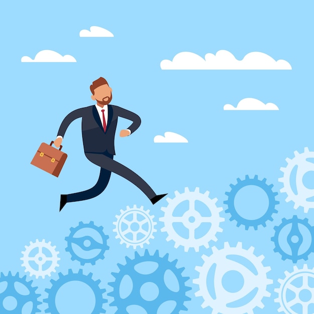 The path to goal through workflow Businessman running on gear mechanism Professional growth opportunities Target achievement Vector cartoon flat style isolated business concept