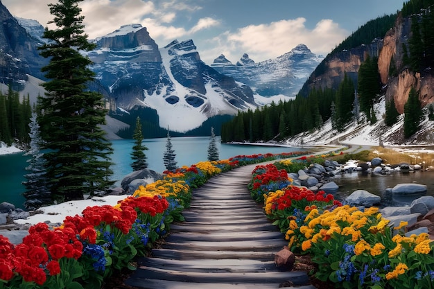 a path leads to a lake with flowers and mountains in the background