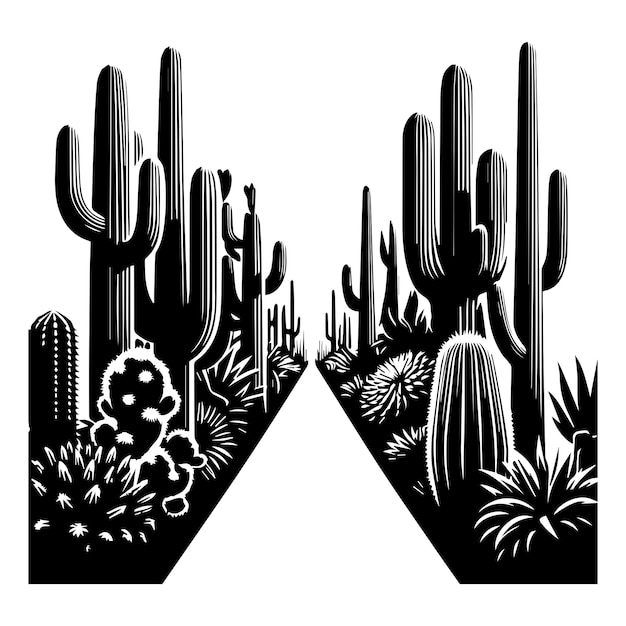 A pathway lined with silhouettes of towering cacti invites a walk