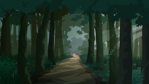 Pathway through dark forest illustration with sunrays