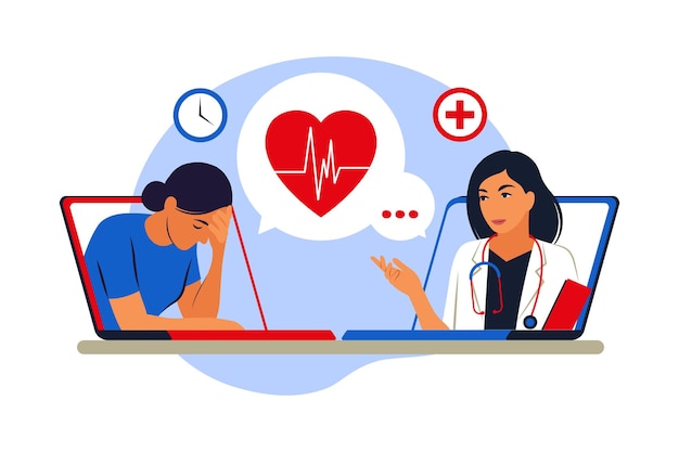 Patient consultation to the doctor via internet. Online medical support. Online doctor. Healthcare services, Ask a doctor. Family female doctor. Vector illustration. Flat