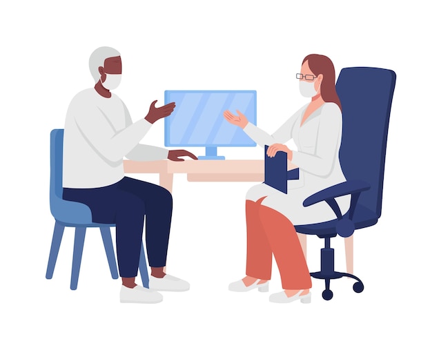 Patient consulting with doctor semi flat color vector characters. Full body people on white. Medical appointment isolated modern cartoon style illustration for graphic design and animation