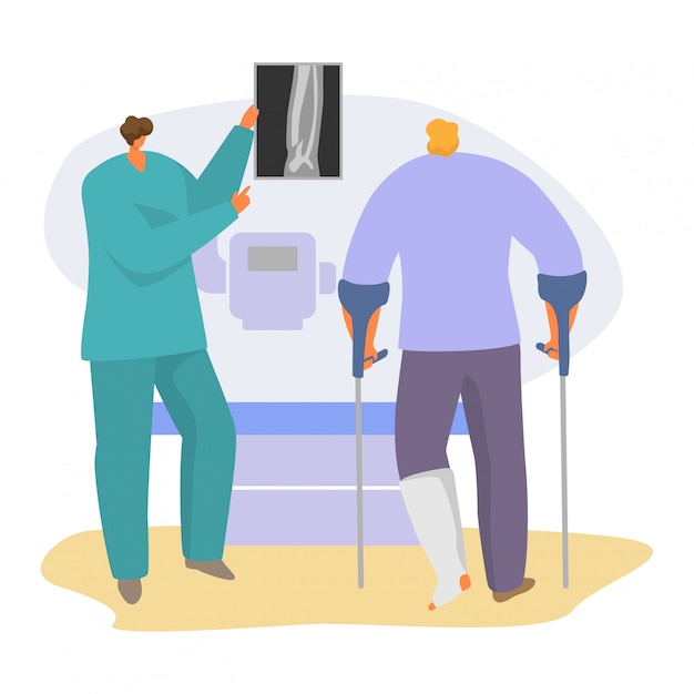 Patient on doctor appointment  illustration, cartoon traumatologist character showing xray pic with limb fracture  on white