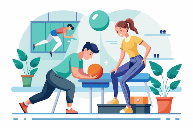 Vector a patient engages in therapy exercises using a ball while a therapist observes in a bright clinic with plants customizable flat illustration of physical therapy exercise