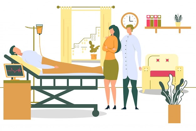 Patient on Hospital Bed with Dropper Woman Visit illustration