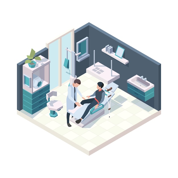 Patient in hospital. Emergency first injury room health adults persons nurse and doctors medical illustration isometric interior.