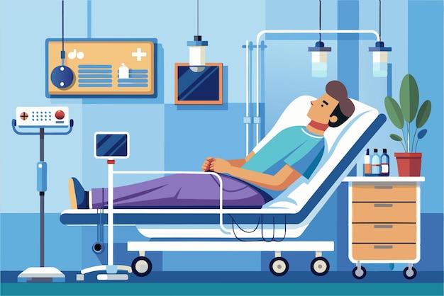 Vector a patient lies in a hospital bed receiving intensive therapy for recovery in a healthcare setting the patient is lying in bed in the intensive therapy room