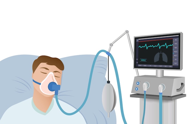 The patient lies on a hospital bed with an oxygen mask on a ventilator in critical condition. Emerge