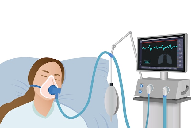 The patient lies on a hospital bed with an oxygen mask on a ventilator in critical condition. Emerge