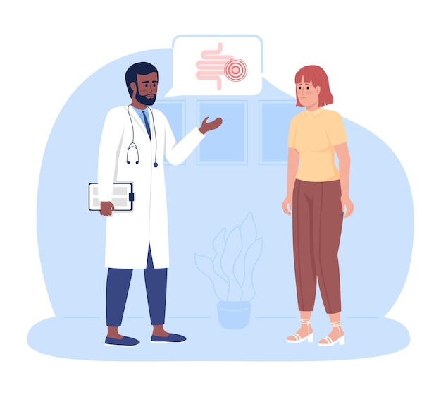 Patient listening to gut checkup results with doctor 2D vector isolated illustration