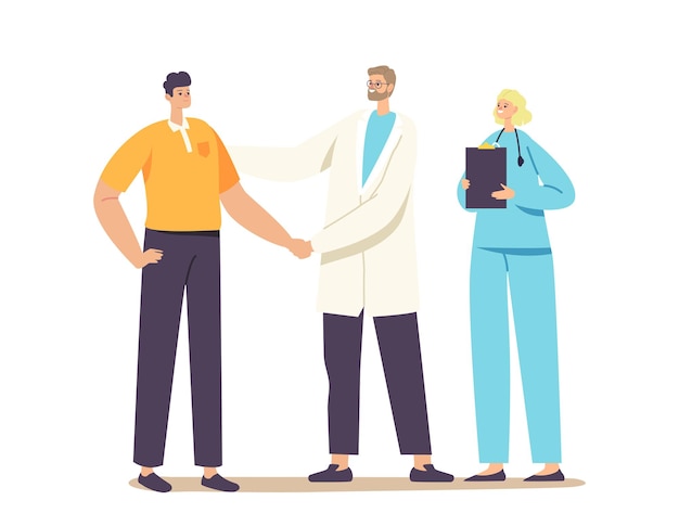 Patient Male Character Gratitude Doctor with Shaking Hand for Treatment, Consultation or Medical Aid