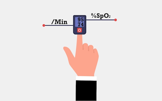 Patient using pulse oximeter device on finger flat vector illustration