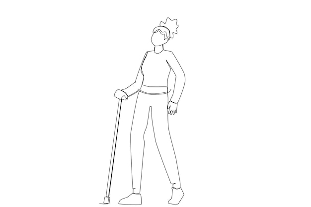 A patient woman walking with a walking stick without assistance line art