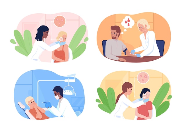 Patients at appointment with doctor 2D vector isolated illustrations set