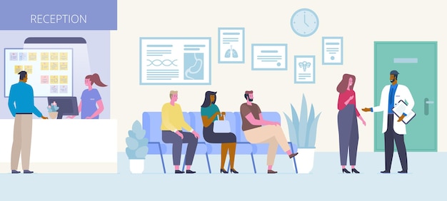 Patients in hospital hall flat vector illustration. People sitting in queue, waiting for doctors appointment in clinic reception area cartoon characters. Medicine and healthcare concept