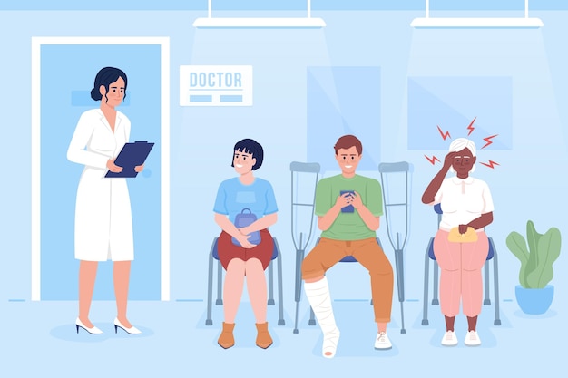 Patients waiting for doctor appointment flat color vector illustration