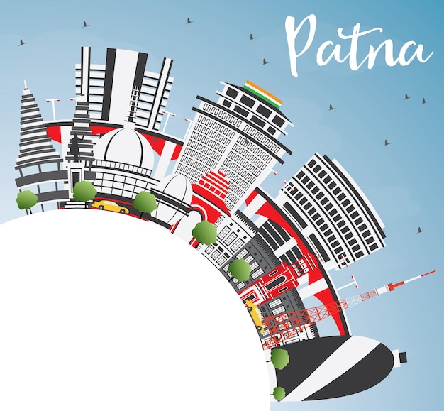 Patna Skyline with Gray Buildings, Blue Sky and Copy Space. Vector Illustration. Business Travel and Tourism Concept with Modern Architecture. Image for Presentation Banner Placard and Web Site.