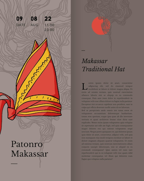 Patonro makassar traditional hat indonesia culture handrawn illustration