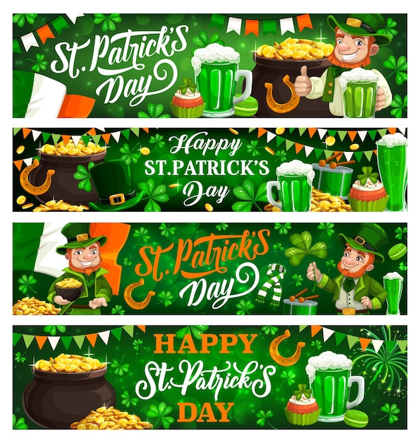 Patricks Day banners of leprechauns gold clovers