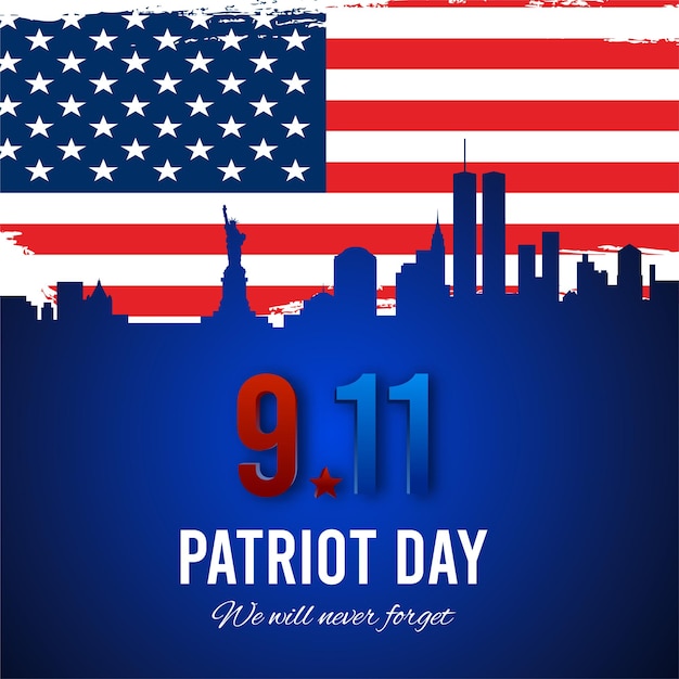 Patriot day background, New York City skyline and American grunge flag. Vector