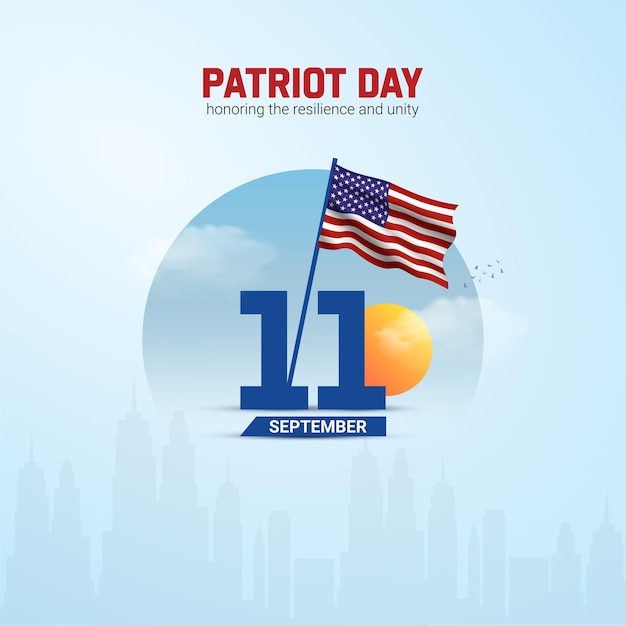 Patriot Day Creative Ads Design twin towers and flag isolated on Template for background Patriot Poster vector 3d illustration Sep 11 Important day Holiday concept