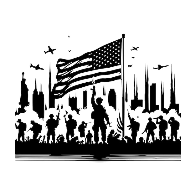 Patriot day silhouette vector a black and white picture of a USA flag with a white background