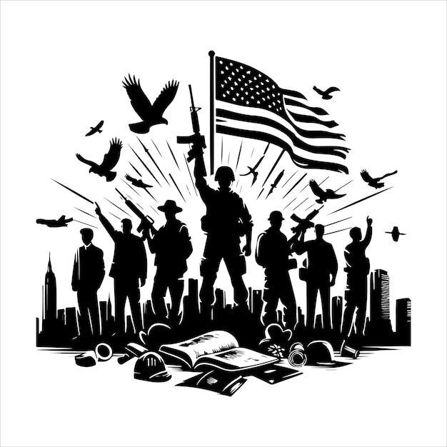 Patriot day silhouette vector a black and white picture of a USA flag with a white background