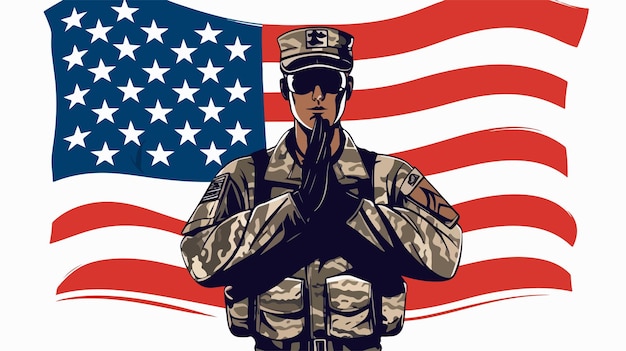 Vector patriotic american soldier saluting in front of flag