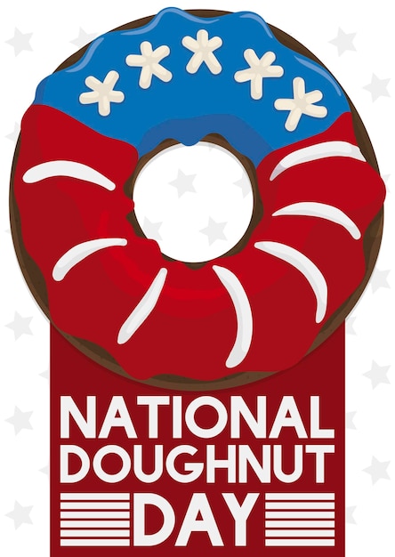 Patriotic donut with greeting label to celebrate National Doughnut Day