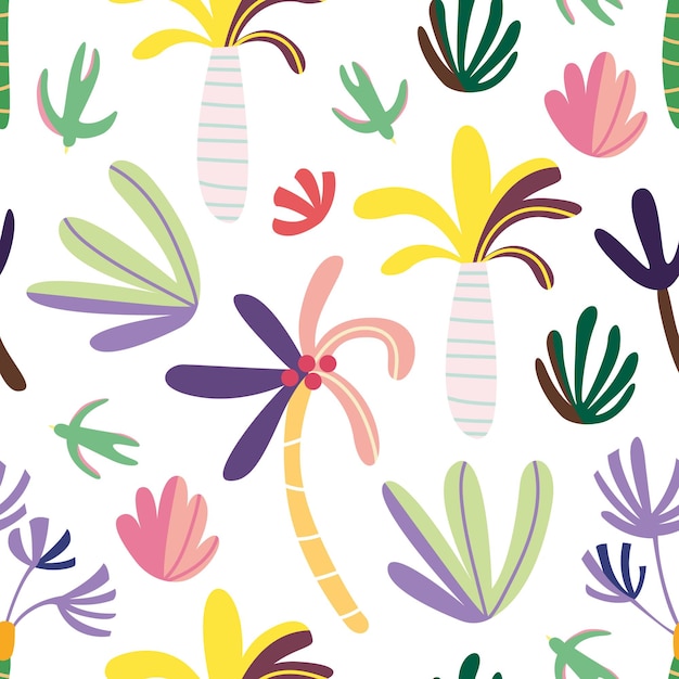 Pattern of abstract tropical palms bushes swallows Cute jungle rainforest tree Summer kids doodle