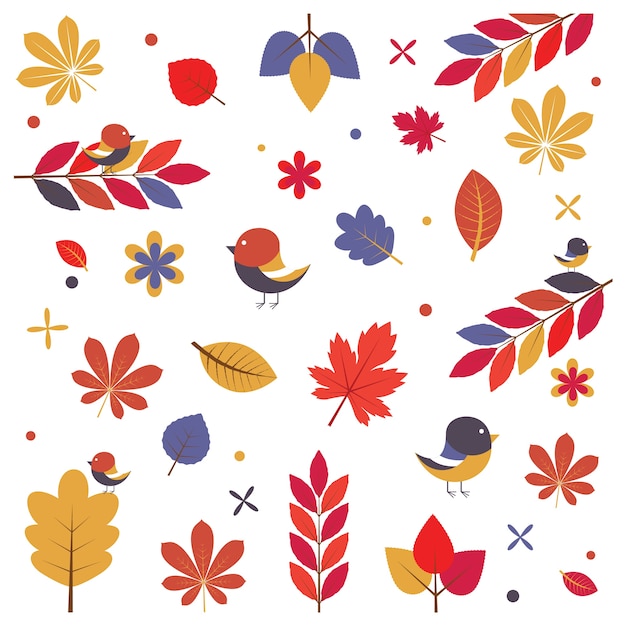 Pattern Autumn season with bird and leaf doodle.