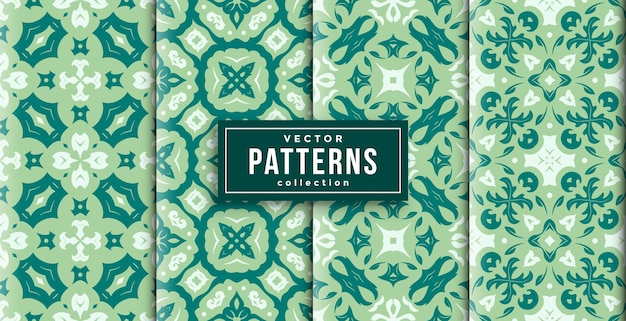 Pattern batik style green and white colors set of four. seamless background set