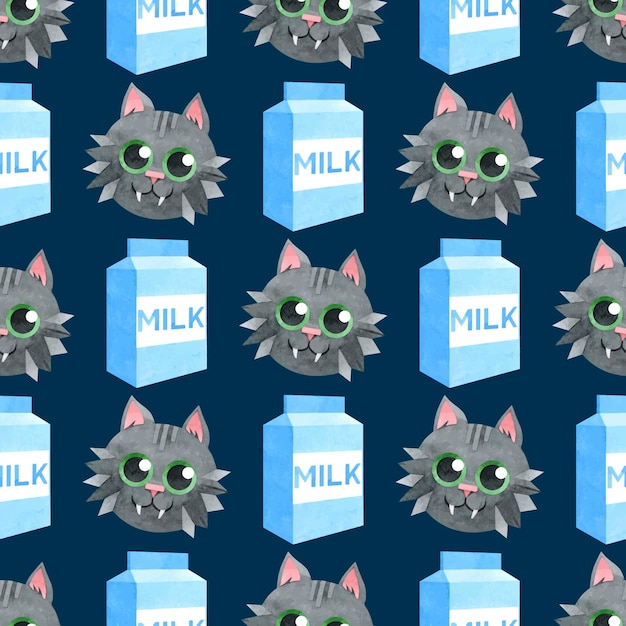 Pattern of black cats and cardboard boxes with milk