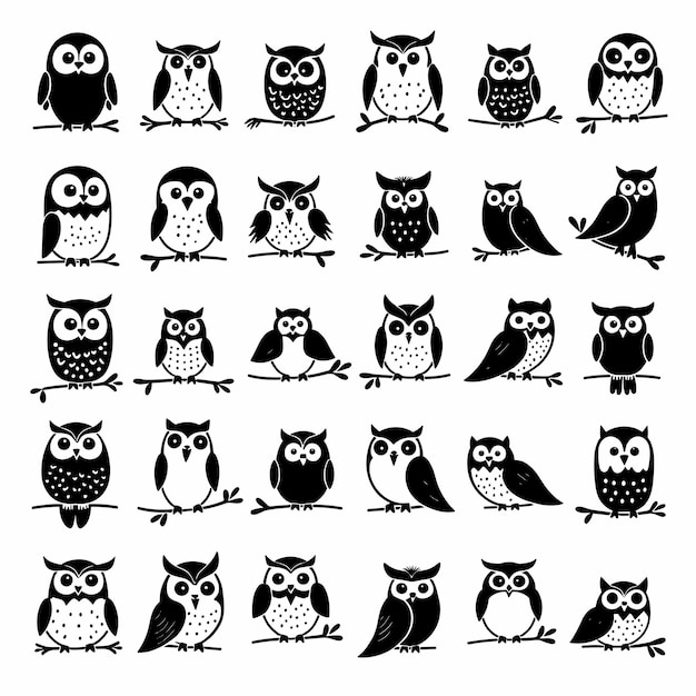 A pattern of black and white cartoon owls in various poses on a white background