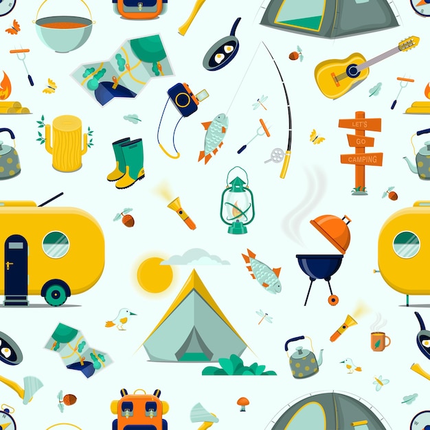 Pattern of camping elements Flat vector illustration