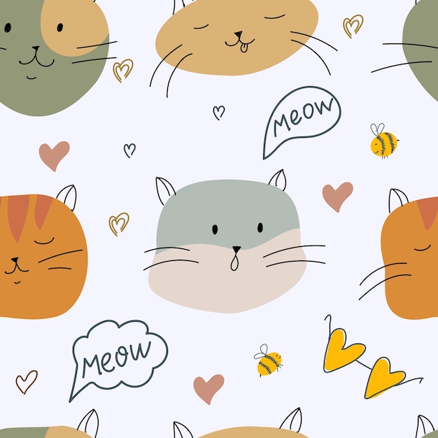 Pattern of cats paw prints and balls of yarn Print in pastel colors with funny animals Pets Drawing by hand Seamless pattern Vector illustration