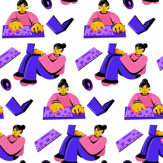 A pattern of characters of girls corresponding with someone on a laptop and computer Shop online