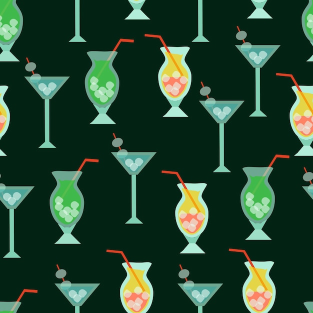 Vector pattern cocktails with ice in glass goblets