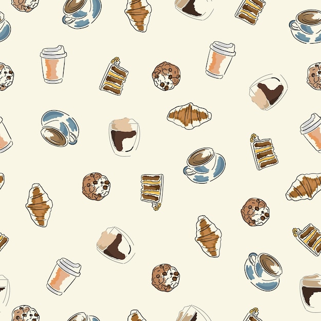 Pattern. Coffee and pastries. Vector graphics