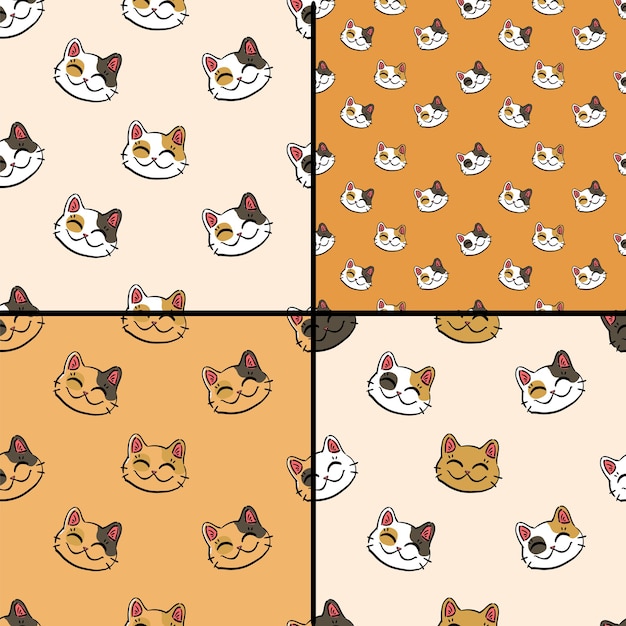 Pattern collection with inky lucky cat (maneki neko) on golden and beige backgrounds.