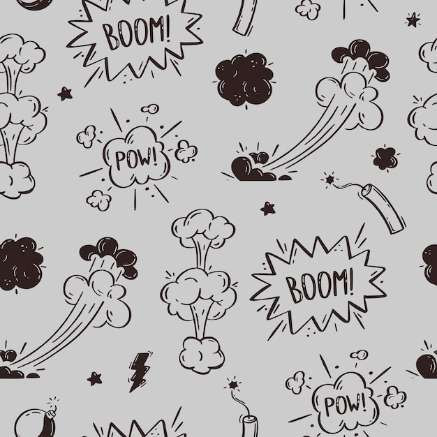 Pattern cosmic explosion and bombs Speech bubbles with the words boom boom bang Vector illustration