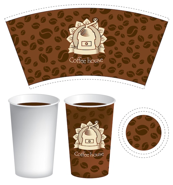 Vector pattern for cup of coffee with sunflower and coffe grinder