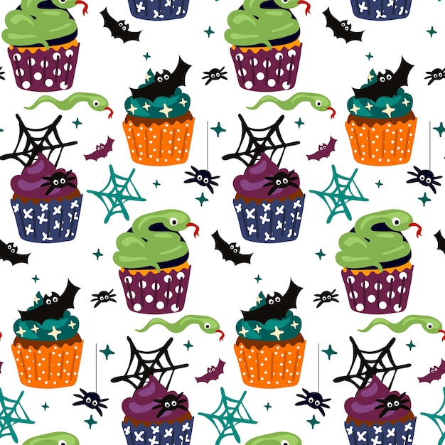 pattern of cupcakes for Halloween Pastries in the form of muffins with a spider and a web a snake