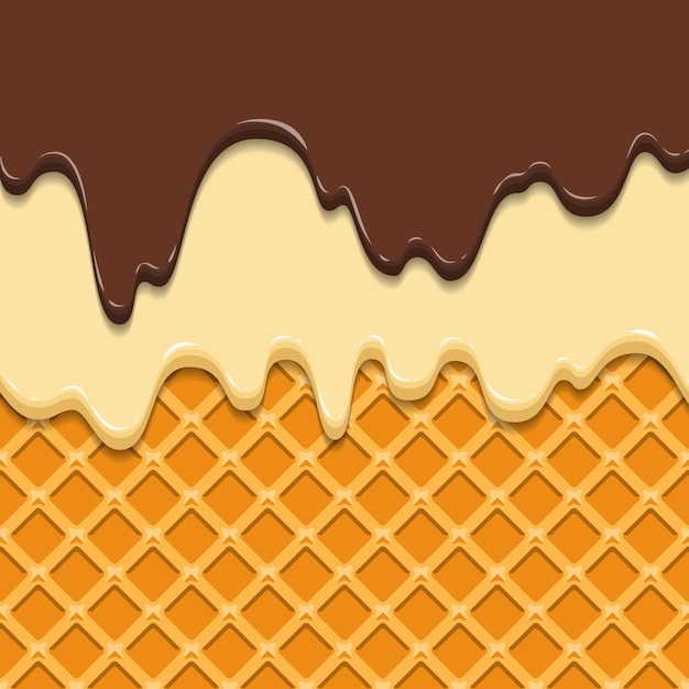 Pattern. Current icing and chocolate on waffle texture background, waffle cone with ice cream.