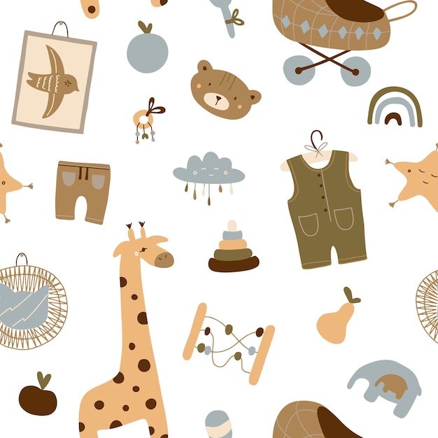 A pattern of cute baby boho items in a Scandinavian style Cartoon kids clipart kids room decor wa