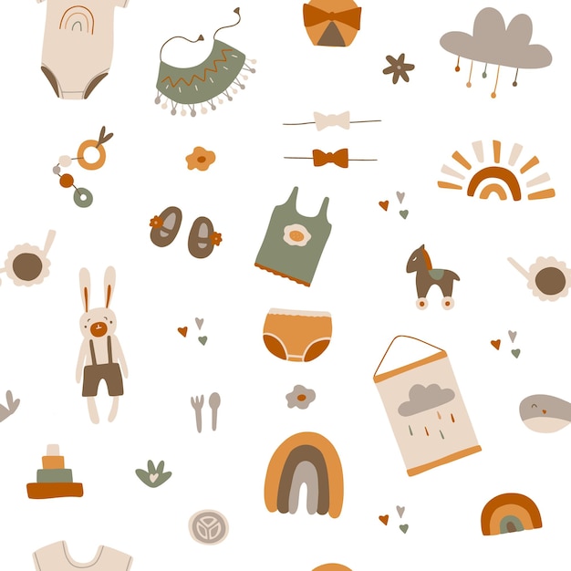 A pattern of cute baby boho items in a Scandinavian style Cartoon kids clipart kids room decor wallpaper vector illustration