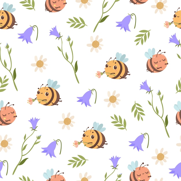 Pattern cute bee in a bluebell flower