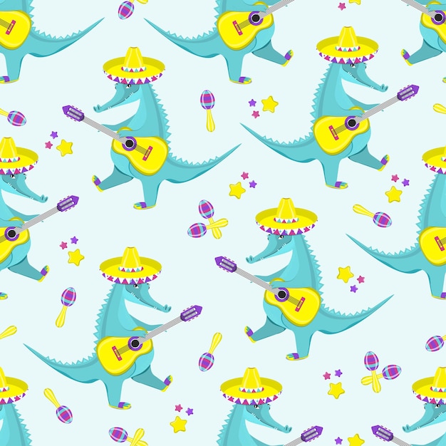 Pattern of cute crocodile playing guitar. flat vector illustration.