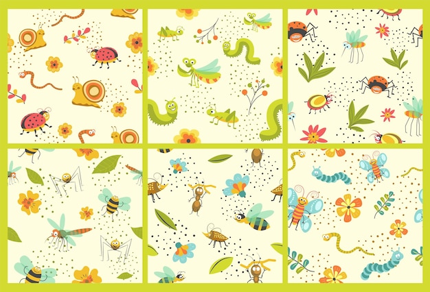 Pattern decoration with insect wildlife plant set